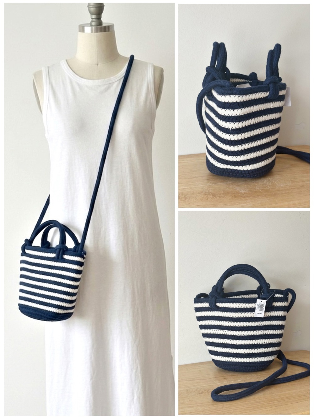 GAP Mini Nautical Stripe Rope Crossbody Bucket Bag Tote Navy and White